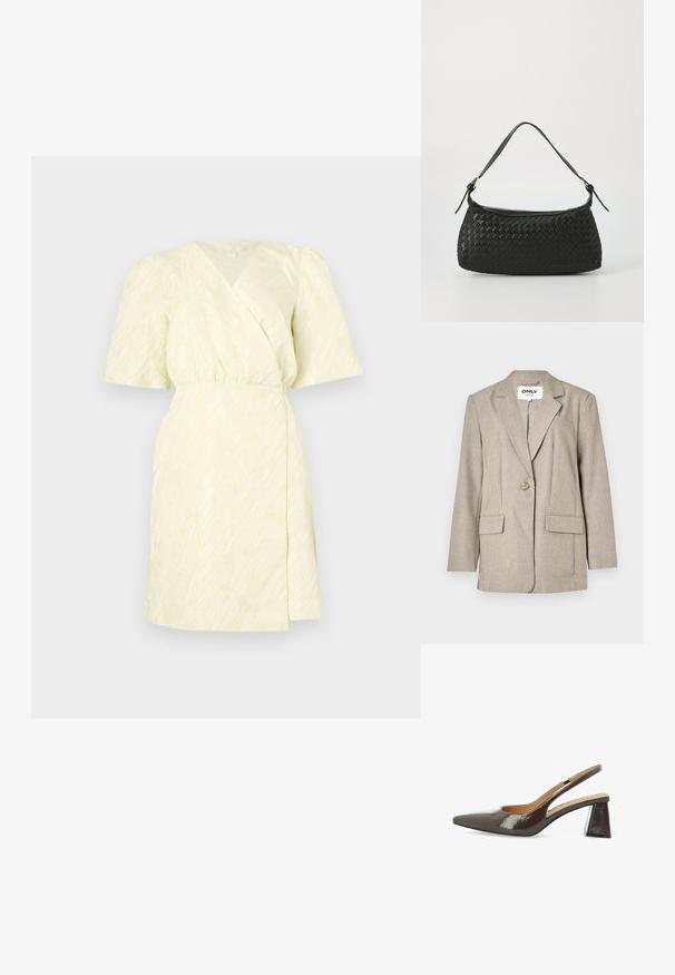 Blazer castanho claro feito de tecido texturizado, com dois bolsos frontais, fecho de um único botão e design de lapela com corte.; Vestido envelope em amarelo suave com riscas texturizadas, mangas curtas com volume e cintura elástica para um ajuste ajustado, apresentando um decote em v.; Sabrinas de salto alto com tira no calcanhar, em couro patente castanho escuro brilhante, com bico fino, laterais recortadas e um salto quadrado.; Bolsa de ombro preta entrelaçada com alça de couro lisa e fecho com zíper. Apresenta uma superfície texturizada e forma curvada.