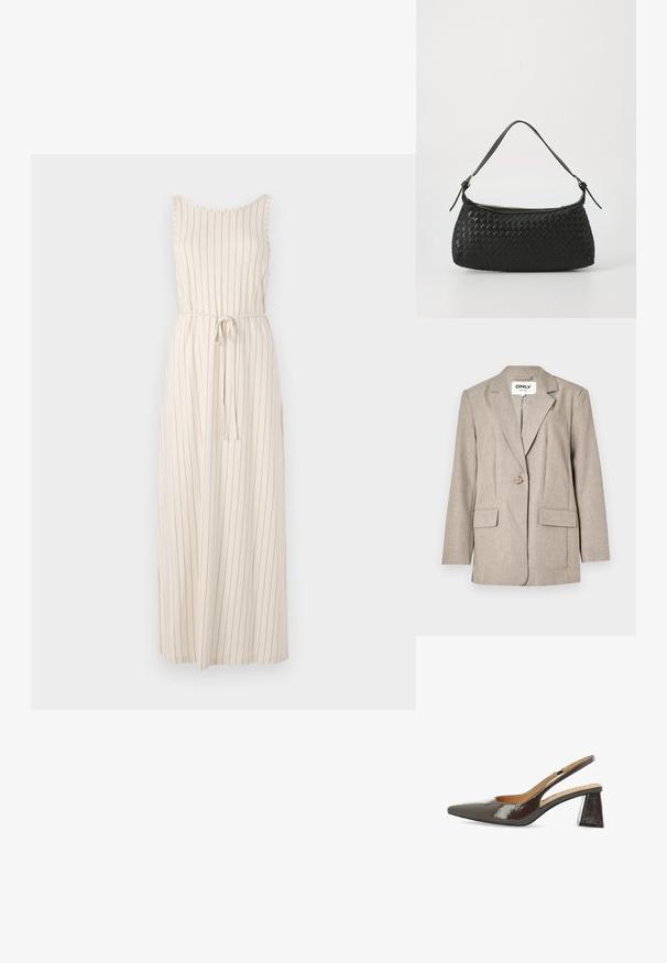 Svetlohnedý blejc vyrobený z textúrovanej tkaniny, s dvoma prednými vreckami, jedným gombíkom na zapínanie a s klopou v tvare špicu.; Dlhé béžové šaty s vertikálnymi čiernymi pruhmi, bez rukávov, s ležérnym výstrihom a zaviazaným opaskom v páse. Ľahký materiál.; Slingback lodičky na vysokom opätku z lesklej tmavohnedej lakovej kože, so špicatou špičkou, rezanými stranami a štvorcovým blokovým opätkom.; Čierna tkaná taška cez plece s hladkým koženým remienkom a zipsovým uzáverom. Disponuje štruktúrovaným povrchom a zakriveným tvarom.
