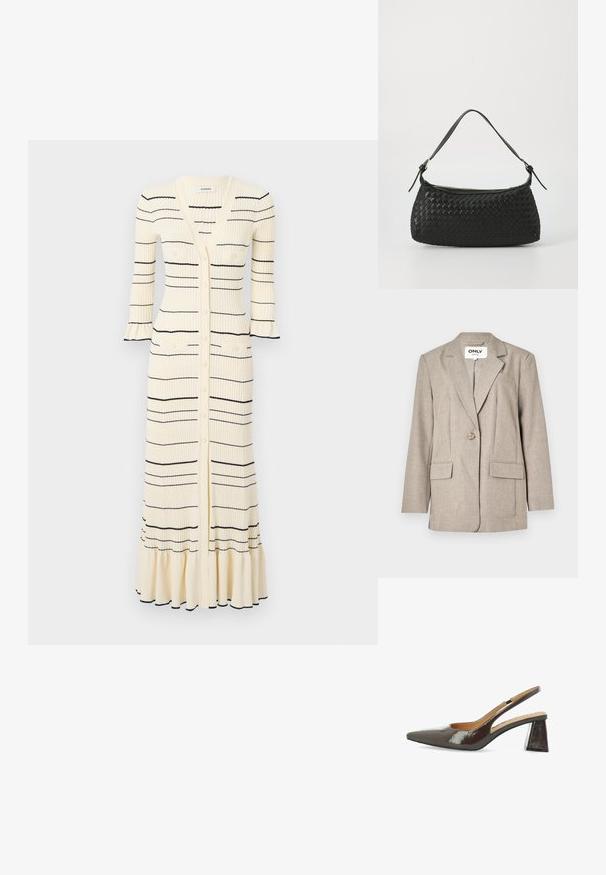 Svetlo rjav blazer iz strukturirane tkanine, z dvema sprednjima žepoma, zapenjanjem na en gumb in obliko reverja.; sandro ROBE FRILL POIGNET RAYURES - Dnevna obleka - ecru; Slingback visokokotne čevlje iz sijoče temno rjave lakirane usnje, s koničnim nosom, izrezanimi stranicami in kvadratno blok peto.; Črna tkana torba za ramo s gladkim usnjenim trakom in zadrgo. Ima teksturirano površino in ukrivljeno obliko.