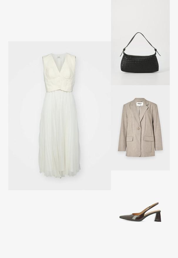 Blazer marrone chiaro in tessuto testurizzato, con due tasche frontali, chiusura a un bottone e design con revers.; sandro ROBE - Vestito casual - ecru; Sandali con tacco a spillo in vernice marrone scuro lucido, punta appuntita, lati scavati e tacco a blocco quadrato.; Borsa a spalla nera intrecciata con tracolla in pelle liscia e chiusura con zip. Presenta una superficie texturizzata e una forma curvata.