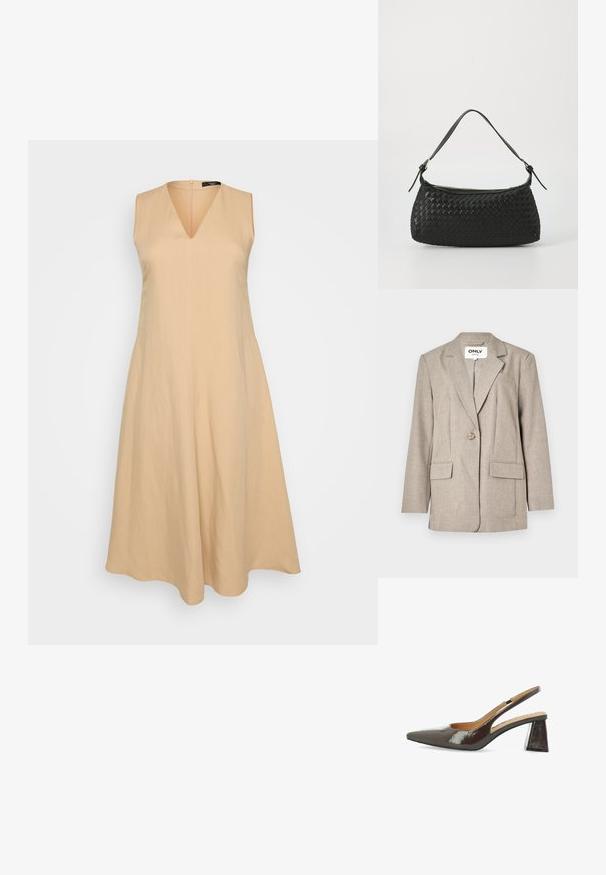 Lichtbruine blazer van gestructureerde stof, met twee voorzakken, een enkele knoopsluiting en een piekflap ontwerp.; Beige mouwloos jurkje met een V-hals, uitlopend vanaf de taille, gemaakt van een lichtgewicht stof, met een rits aan de achterkant.; Slingback pumps met hoge hakken in glanzend donkerbruin lakleer, puntige neus, uitsparingen aan de zijkanten en een vierkante blokhak.; Zwarte geweven schoudertas met een gladleren schouderband en rits sluiting. Heeft een gestructureerd oppervlak en een gebogen vorm.