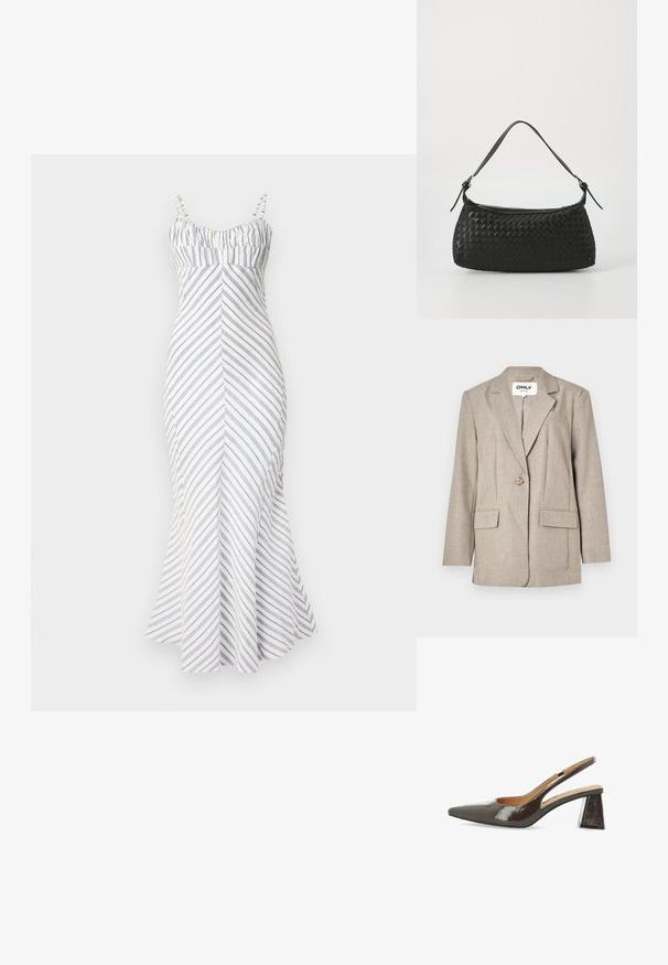 Blazer marrón claro hecho de tela texturizada, con dos bolsillos frontales, cierre de un solo botón y diseño de solapas con muesca.; Vestido midi sin tirantes, ajustado en blanco con rayas diagonales azules. Presenta un cuerpo con pliegues, dobladillo acampanado y tirantes ajustables. Textura suave.; Zapatos de tacón alto tipo slingback en charol marrón oscuro brillante, con punta afilada, laterales recortados y un tacón cuadrado.; Bolso de hombro tejido en negro con una correa de cuero suave y cierre de cremallera. Presenta una superficie texturizada y una forma curvada.