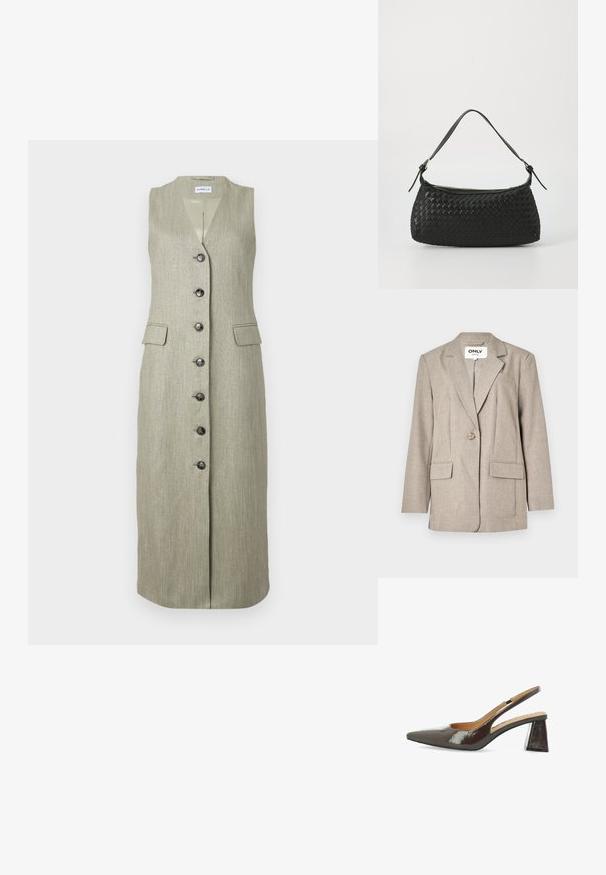 Svetlo rjav blazer iz strukturirane tkanine, z dvema sprednjima žepoma, zapenjanjem na en gumb in obliko reverja.; Brezrokavni dolgi zeleni vonj s subtilno teksturo, z V-izrezom, sprednjim gumbom za zapiranje in dvema sprednjima žepoma. Črni gumbi kontrastirajo s tkanino.; Slingback visokokotne čevlje iz sijoče temno rjave lakirane usnje, s koničnim nosom, izrezanimi stranicami in kvadratno blok peto.; Črna tkana torba za ramo s gladkim usnjenim trakom in zadrgo. Ima teksturirano površino in ukrivljeno obliko.
