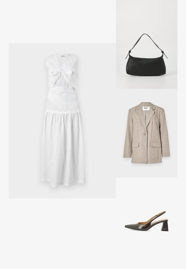 Svetlo rjav blazer iz strukturirane tkanine, z dvema sprednjima žepoma, zapenjanjem na en gumb in obliko reverja.; sandro ROBE - Dnevna obleka - off white; Slingback visokokotne čevlje iz sijoče temno rjave lakirane usnje, s koničnim nosom, izrezanimi stranicami in kvadratno blok peto.; Črna tkana torba za ramo s gladkim usnjenim trakom in zadrgo. Ima teksturirano površino in ukrivljeno obliko.