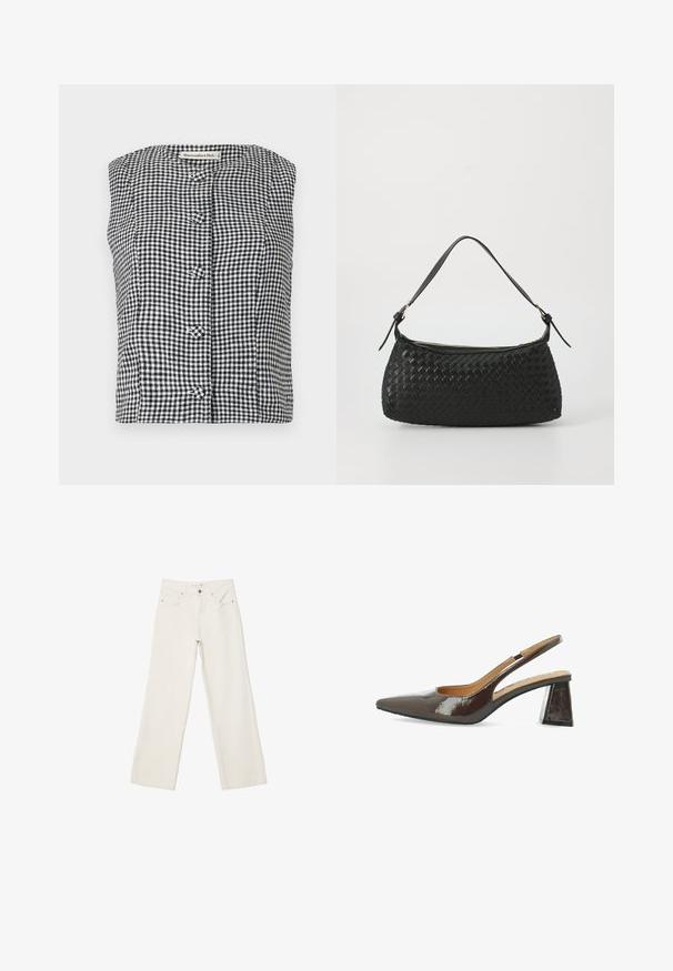 Svijetlosmeđi sako od teksturirane tkanine, s dva prednja džepa, zatvaranjem na jedan gumb i dizajnom revera.; Crna i bijela karo bezrukavna majica s okruglim izrezom, s tri gumba sprijeda i teksturiranim materijalom.; Bijele široke traperice s visokim strukom, prednjim džepovima i dugmetom za zatvaranje. Čist dizajn s minimalnim naglascima.; Sandalice s visokim petama u sjajnoj tamnosmeđoj lakiranoj koži, šiljati vrh, isječene strane i kvadratna blok petica.; Crna torba preko ramena od tkanine s glatkim kožnim remenom i zatvaranjem na patentni zatvarač. Ima teksturiranu površinu i zakrivljen oblik.