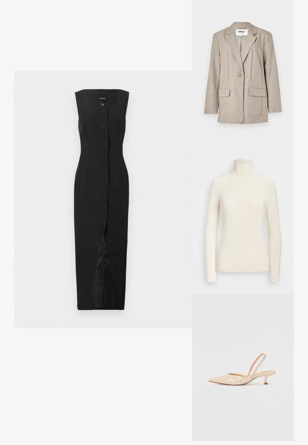 Világosbarna blézer textúrált anyagból, két elülső zsebbel, egy gombos záródással és kivágott kabátgallérral.; Hosszú ujjú, garbós felső puha, krémszínű anyagból. Feszes fazonú, magas gallérral és varrás nélküli ujjvégekkel rendelkezik.; Fekete ujjatlan midi ruha négyzet alakú nyakkivágással, elől gombos záródással és középső hasítékkal, sima fehér háttéren megjelenítve.; Bézs színű lakkbőr slingback magassarkú cipők hegyes orral és vékony, négyzetes sarkú dizájnnal. Simább textúra és minimalista stílus, díszítések nélkül.; Fekete bőrtáska ívelt formával, levehető pánttal és arany színű fémrészekkel. A táskán egy csattal díszített fedél található.