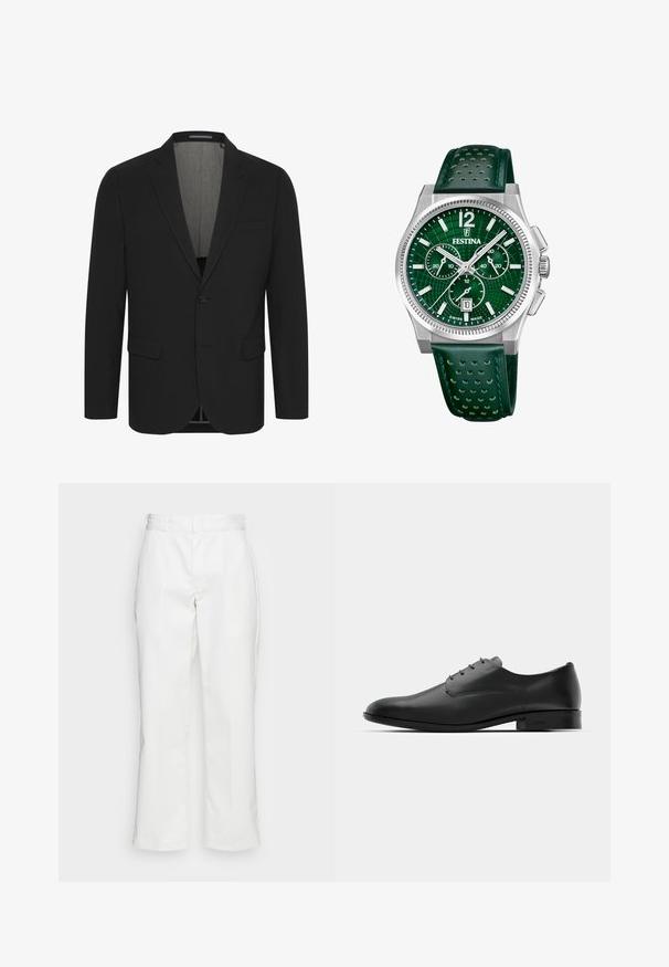 Blazer noir en tissu lisse, avec un col à revers, deux poches frontales et une fermeture à deux boutons. Intérieur doublé. Détails minimalistes.; Chemise blanche à manches longues, à boutons, avec col boutonné et poignets classiques, présentée à plat sur un fond blanc.; Pantalons en coton blanc avec une coupe droite, passants de ceinture et poches latérales, possédant une texture lisse et un design minimaliste.; Chaussure habillée en cuir noir au design épuré, à bout arrondi, avec cinq œillets pour les lacets et un petit talon rehaussé. Détail du logo embossé subtil.; Montre chronographe verte avec un boîtier en acier inoxydable, un cadran vert texturé, des index blancs et un bracelet en cuir perforé vert.