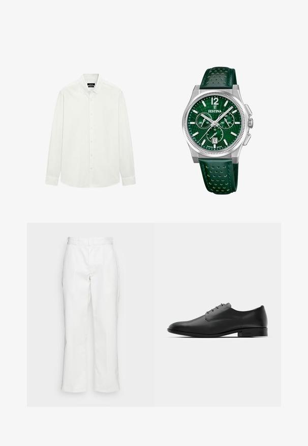 Schwarzer Blazer aus glattem Stoff, mit Reverskragen, zwei vorderen Taschen und einer Zwei-Knopf-Verschluss. Gefüttertes Innenfutter. Minimale Details.; Weißes Langarm-Hemd mit Knopfleiste, Knopfkragen und normalen Manschetten, flach auf einem weißen Hintergrund präsentiert.; Weiße Baumwollhosen mit geradem Bein, Gürtelschlaufen und Seitentaschen, mit einer glatten Textur und minimaler Ausgestaltung.; Schwarze Leder-Halbschuh mit schlankem Design, runder Zehenform, fünf Ösen für die Schnürsenkel und einem kleinen, erhöhten Absatz. Dezentes, geprägtes Logodetail.; Grüner Chronograph mit einem Gehäuse aus Edelstahl, strukturiertem grünen Zifferblatt, weißen Markierungen und einem perforierten grünen Lederarmband.
