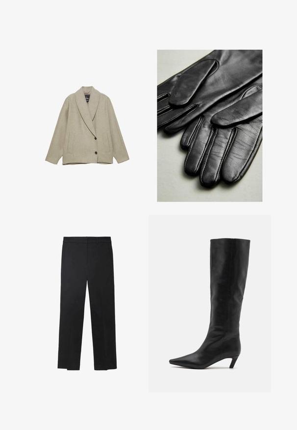 Beige wool-blend jacket featuring a shawl collar, two front pockets, and a double-breasted button closure. Textured fabric with a structured shape.; Cream turtleneck sweater, ribbed collar and cuffs, soft knit texture, relaxed fit, side slits, and slightly longer back hem.; Black trousers made of smooth fabric, featuring a straight leg design, front pockets, and a flat waistband with no visible hardware or embellishments.; RAID FLAURA - Boots - black; Black leather gloves with smooth texture, featuring seams along the fingers and a fitted design. Soft, supple material for comfort.