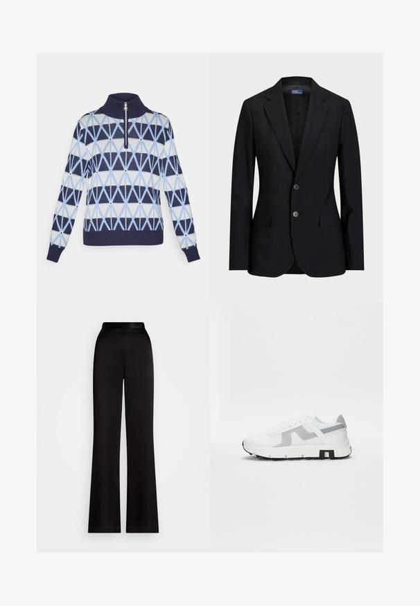 Sötétkék zakó sima anyagból, hajtókás gallérral, két gombos záródással és elülső zsebekkel, testhezálló szabással.; Felsőrészes pulóver magas gallérral, cipzárral záródik. Geometrikus mintákkal rendelkezik sötétkék, világoskék és krémszínben. Bordás mandzsetták és derékpánt.; Fekete bővülő nadrág sima anyagból, magas derekú és teljes hosszúságú kialakítással. Nincs látható minta vagy díszítés.; Fehér sportcipő szürke kiemelésekkel, textúrázott felső résszel, vastag talppal és kontrasztos fekete sarokrésszel. Fűzős kialakítás, hálós panellel.