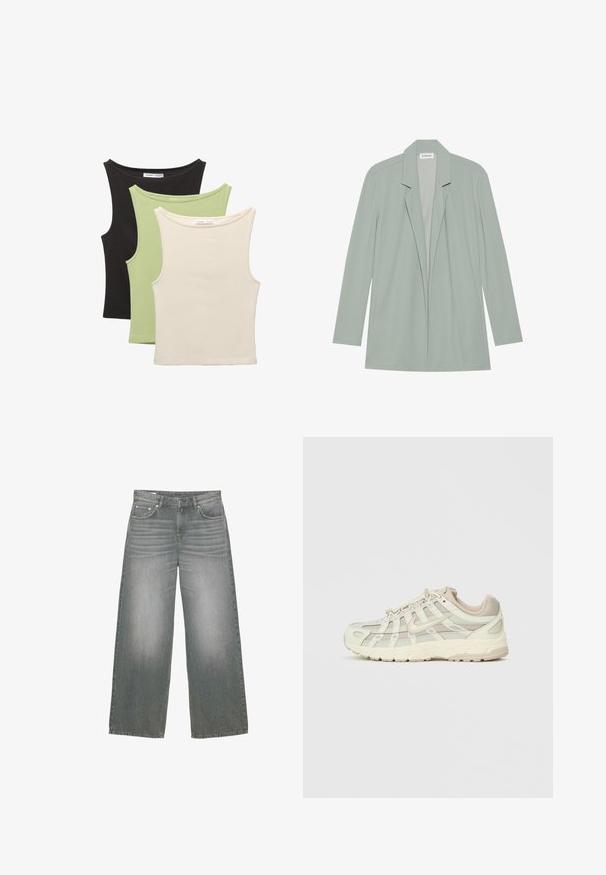 Lichtgroene blazer gemaakt van een gladde stof. Kenmerkt zich door een sjawl kraag, lange mouwen, open voorkant en een relaxte pasvorm. Geen zichtbare hardware.; Drie mouwloze tops in zwart, lichtgroen en beige. Elke top heeft een ronde halslijn en een zachte, geribbelde textuur.; Grijs denim jeans met brede pijpen, voorzien van een licht vervaagde textuur, vijf zakken en een klassieke knoop- en ritssluiting.; Lichtbeige sportieve schoen met meshpanelen en een gevoerde zool. Hij heeft een vetersluiting, een ronde neus en gouden accenten aan de zijkant.