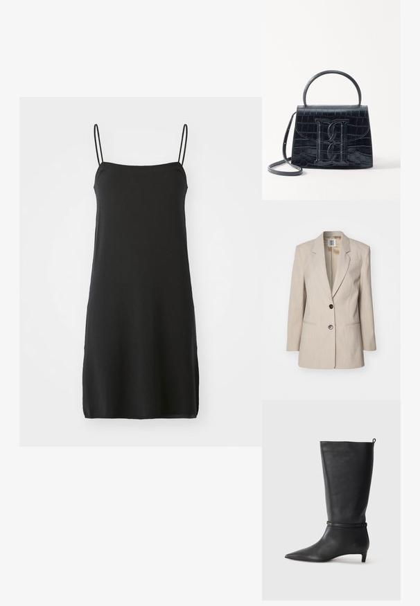 Béžový sak s prispôsobením a zúženým golierom, s jedným čiernym gombíkom a dvoma prednými vreckami. Textúrovaná tkanina s jemným vzorom.; Čierne šaty bez rukávov s tenkými ramienkami, vyrobené z mäkkej tkaniny. Priamy strih, s dĺžkou po kolená, s jednoduchým, jednofarebným dizajnom bez vzorov.; Čierne kožené vysoké čižmy po kolená s špicatou špičkou, s okrúhlym remienkom okolo členku a nízkym, zúženým podpätkom. Hladký povrch.; Čierna kabelka z krokodílovej embosovanej kože so štruktúrovaným dizajnom, horným uchom, nastaviteľným popruhom a výrazným predným logom.