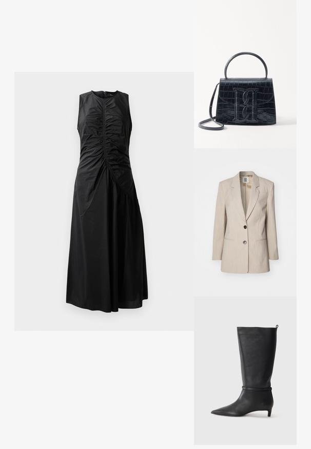 Bežs piegriezuma žakets ar izgrieztu apkakli, vienu melnu pogu, un divām priekšējām kabatām. Strukturēta auduma ar smalku rakstu.; Melnas bezpiedurkņu kleitas ar sagatavotu detaļu, pieguļošu augšdaļu, A formas svārkus un sānu rāvējslēdzēja aizdari. Izgatavota no gluda, viegla auduma.; Melnas ādas līdz ceļiem stīgas ar norādītu purngalu, akcentētas ar apaļu siksnu ap potīti un zemu, sašaurinātu papēdi. Gluda tekstūra.; Melnas krokodila rakstā izgatavota ādas rokassoma ar strukturētu dizainu, augšējo rokturi, regulējamu siksnu un izteiktu priekšējo logotipa detaļu.