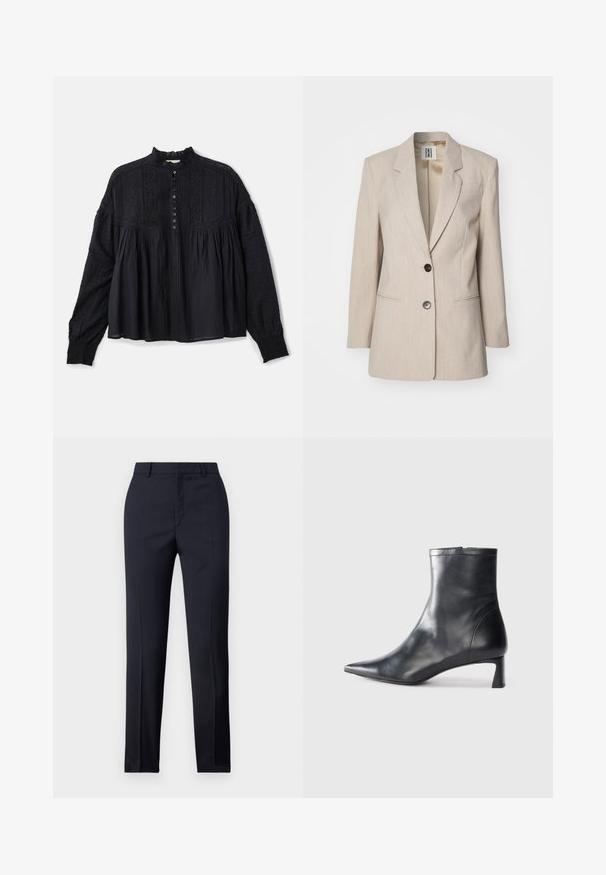 Bež blazer s krojem, ki ima zasunljeni ovratnik, enostavno črno gumbno zapiranje in dva sprednja žeppa. Teksturna tkanina s subtilnim vzorcem.; Vanessa Bruno DAHLIA - Bluza - noir; Zadnje hlače v mornarično modri barvi s ravnim krojem, ki imajo gladko teksturo, dve sprednji žepki in čisto pasnico.; Črne usnjene gležnjarje s šiljastim nosom in elegantnim dizajnom. Imajo nizko peto in zadrgo na zadnji strani. Gladka tekstura.