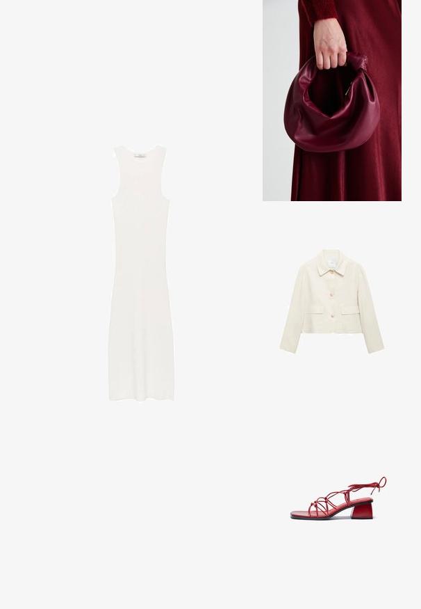 Beige cropped jacket with a collar, featuring three front buttons, two patch pockets, and a smooth, slightly textured fabric.; White, sleeveless, ribbed knit dress with a fitted silhouette, reaching below the knees. Simple and minimalist design, without patterns or hardware.; Red heeled sandal made from glossy materials. Features a square toe, intricate strappy design, and a chunky block heel.; Burgundy leather handbag with a soft, gathered design and a rounded shape. The handle is secured, showcasing a smooth texture.