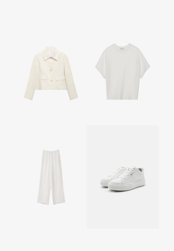 Veste beige cropped avec col, dotée de trois boutons sur le devant, de deux poches à patch et d'un tissu lisse légèrement texturé.; T-shirt blanc à manches courtes avec un large col rond et un motif côtelé texturé, fabriqué en tissu doux, présentant une coupe décontractée et un design épuré.; Pantalons larges blancs en tissu léger. Dotés d'une taille élastique avec cordon de serrage et de poches latérales. Texture lisse.; Baskets basses blanches avec une tige en toile lisse, bout rond et semelle en caoutchouc épaisse. Présente un laçage à l'avant et un design minimaliste.