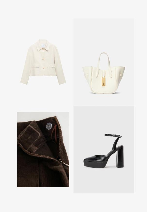 Krémová skrátená bunda s golierom, s tromi prednými gombíkmi, dvoma náprsními vreckami a hladkým, mierne textúrovaným materiálom.; Svetlošedé tričko s krátkymi rukávmi a výstrihom do V, vyrobené z mäkkého materiálu; má uvoľnený strih a čisté stehy bez vzorov.; Hnedá kordurová látka s hladkou textúrou, s prípravou na zips, zapínaním na gombík a vnútorným pásikom pre bezpečné uzavretie.; Čierne platformové podpätky so špicatou špičkou a nastaviteľným členkovým remienkom. Vyrobené z hladkej kože a so robustným blokovým podpätkom.; Biela kožená kabelka s pevnou štruktúrou, výrazným prešívaním, zlatým kovovým štítkom a dvojitými uchami. Textúrovaný povrch s bočnými vreckami.