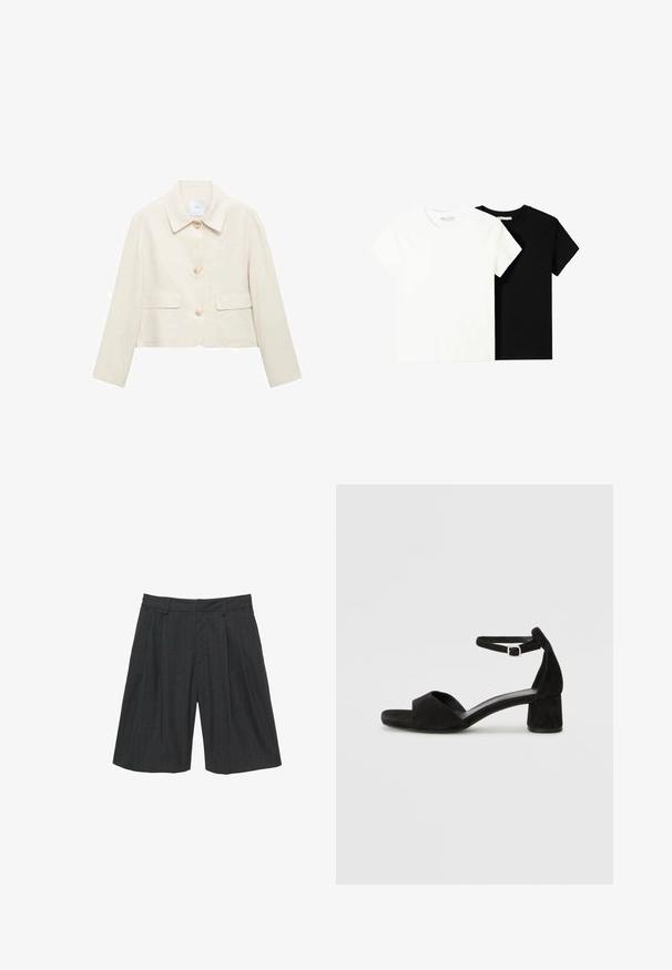 Beige lyhyempi takki, jossa on kaulus, kolme etupainiketta, kaksi päälle ommeltua taskua ja sileä, hieman teksturoitu kangas.; Kaksi lyhythihaista t-paitaa, yksi valkoinen ja yksi musta, valmistettu puuvillasta. Molemmissa on pyöreä kaula-aukko ja yksinkertainen, klassinen muotoilu.; Tummanharmaat pinstripe-shortsit, jotka on valmistettu sileästä kankaasta. Niissä on istuva vyötärö, pystysuorat laskokset ja polvenpituinen leikkaus. Ei näkyviä taskuja tai koristeita.; Mustat mokkasaappaat, joissa on ohut nilkkaremmi, avoin varvasmuotoilu ja hillitty loivakulmainen korko. Sileä pinta ja vähäiset yksityiskohdat.