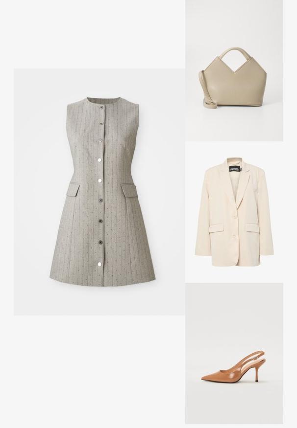 Pieces PCKAMIL LOOSE NOOS - Blazer - sandshell; Ärmlös grå klänning med vertikala ränder, rund halsringning, knäppning fram, två sidofickor och en figurnära silhuett.; Tåspets slingback-häl i ett slätt, glansigt brunt material. Har en kurvad utskärning och en smal stilettklack. Silverdetalj med spänne.; Beige strukturerad handväska med V-formad topp, slät lädermaterial, korta handtag och en lång justerbar rem. Minimalistisk design.