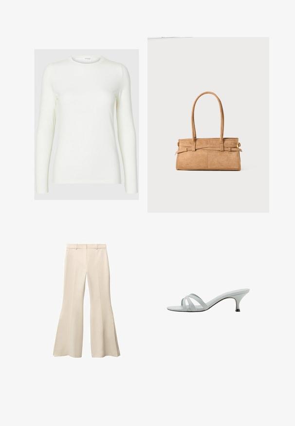 Pieces PCKAMIL LOOSE NOOS - Blazer - sandshell; Long-sleeve white top made from soft fabric with a crew neckline, featuring a smooth texture and fitted silhouette. No visible patterns or accents.; Beige flared trousers with a smooth texture, featuring a flat front, belt loops, and deep side slits at the hem.; Light gray heeled sandals with three crisscross straps, a slim profile, and a tapered heel. Smooth texture with a slightly shiny finish.; Tan suede handbag with two long handles, rectangular shape, and decorative stitching. Features a side strap and subtle gold hardware accents.