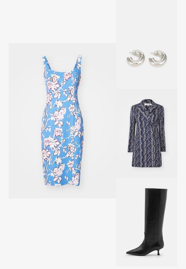 Cappotto doppiopetto blu navy con un motivo astratto beige, revers a scialle, maniche lunghe e due tasche frontali. Tessuto morbido.; Abito floreale blu con una silhouette aderente, scollatura quadrata e spalline. Presenta motivi floreali rosa e bianchi e una texture liscia.; Stuart Weitzman BOOT - Stivali alti - black; Orecchini a cerchio in tono argento con un design curvo e liscio, dotati di una superficie testurizzata e di un perno a vite per la chiusura.