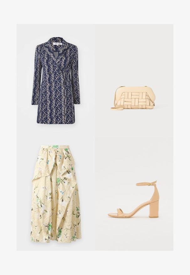 Jūras zilas divrindu mētelis ar beigu abstraktu rakstu, ar kabatas klapām, garām piedurknēm un divām priekšējām kabatām. Mīksta auduma tekstūra.; Balts pogcaurais krekls, kas izgatavots no viegla auduma. Iespējas klasiskā apkakle, divas krūšu kabatas un nedaudz garāka aizmugurējā mala.; Ziedu maksikleita no grumbuļaina dzeltena auduma ar zaļiem un ziliem ziedu rakstiem, augstu jostasvietu un vairākām kārtām volānu apjomam.; Nude lakotas ādas augstpapēžu sandalēs ar kvadrāta purngalu, potītes siksniņu un masīlu bloku papēdi. Gluda tekstūra un minimāla dizaina detaļas.; Austākts bežs rokassoma ar strukturētu dizainu, kurai ir gluda virsma un garš siksna. Tekstūras detalizācija uzlabo kopējo izskatu.