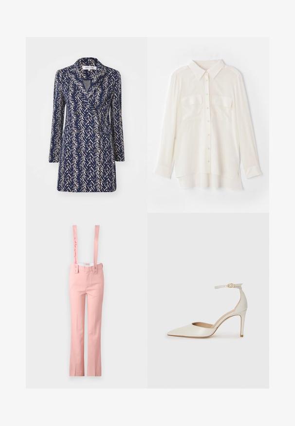 Mornarsko modri dvojniki plašč z bež abstraktnim vzorcem, z zavihki, dolgimi rokavi in dvema sprednjima žepoma. Mehka tekstura tkanine.; Bela srajca s kratkimi rokavi iz lahkega blaga. Ima klasičen ovratnik, dva žepa na prsih in nekoliko daljši zadnji rob.; Roza hlače s širokimi nogavicami in nastavljivimi naramnicami; naramnica ima izšit tekst; izdelane iz gladkega materiala.; Bela usnjena čevlja na visoki peti z ozkim prstom, trakom okoli gležnja in tanko stiletto peto. Gladka tekstura z rahlim sijočim finišem.