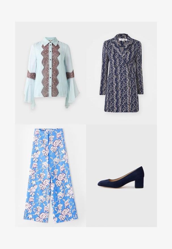 Tengerészkék, dupla soros kabát bézs absztrakt mintázattal, sapka gallérral, hosszú ujjakkal és két elülső zsebbel. Puha anyagú textúra.; Világoskék blúz barna csipke díszítéssel és csíkos mintával. Jellemzője a hegyes gallér, gombos zárás és a bővülő ujjak.; Kék virágmintás nadrág, amely pasztell rózsamintával van díszítve. Az anyag sima, laza szabású, széles lábú, és rugalmas derékpánttal rendelkezik.; Tengerészkék velúr, hegyes orrú pumpa, középmagas tömbsarkúval. Simítású felület finom fénylő hatással, elöl egy kis kivágással.