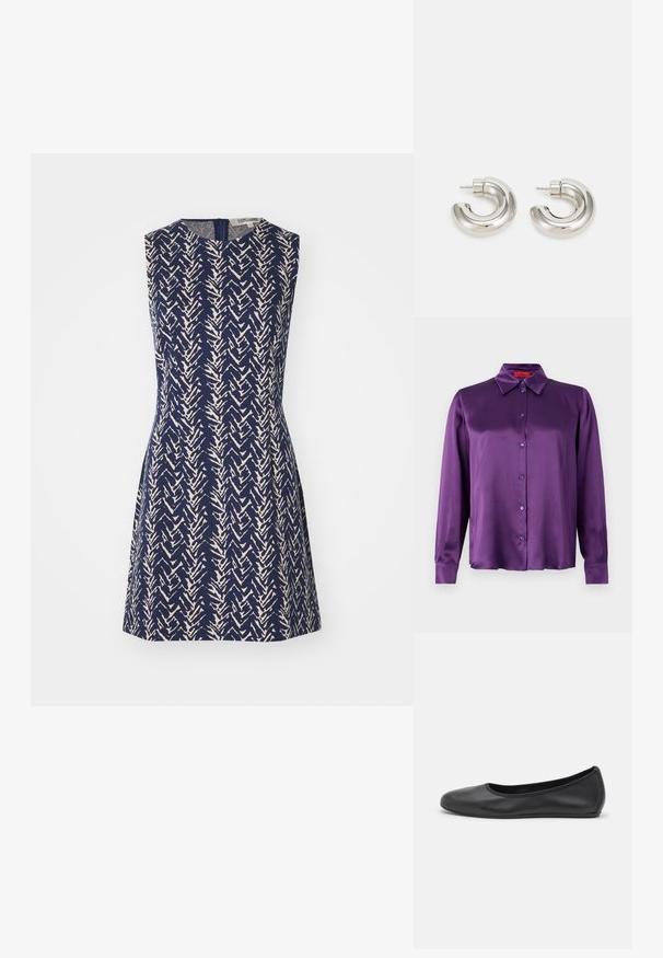 Mørkeblå dobbeltradet frakke med et beige abstrakt mønster, almindelige revers, lange ærmer og to forlommer. Blød stoftekstur.; Lilla satin langærmet skjorte med krave, frontknaplukning og lyse lilla knapper. Glat tekstur og let blank finish.; Ærmeløs kjole i marineblåt stof med et cremefarvet zigzag-mønster, rund halsudskæring og lynlås lukning bagpå. A-line silhuet.; Sort læderballetsko med rund tå, glat tekstur, minimal syning og et fleksibelt såldesign.; Sølvfarvede hoops øreringe med et glat, buet design og tekstureret overflade, der har en stud post til fastgørelse.