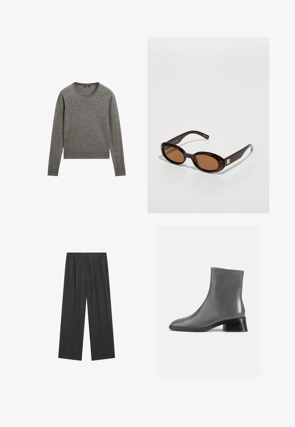 Dunkelbraune Lederjacke mit Reverskragen, drei schwarzen Vorderknöpfen und zwei aufgesetzten Taschen, vor einem weißen Hintergrund präsentiert.; Grauer langärmeliger Pullover aus weichem Stoff, mit Rundhalsausschnitt und gerippten Kanten, in leicht verkürztem Design.; Graue, plissierte weite Hosen aus strukturiertem Stoff mit dezenten Nadelstreifen, mit hoher Taille und langem Schnitt.; Graue Lederstiefelette mit runder Zehenform und einem kurzen, gestapelten schwarzen Absatz. Glatte Textur mit minimalen Details.; Braune Schildpatt-Sonnenbrille mit ovalen Gläsern, ausgestattet mit einem dünnen Rahmen und einem kleinen metallischen Akzent an der Seite. Texturierte und polierte Oberfläche.