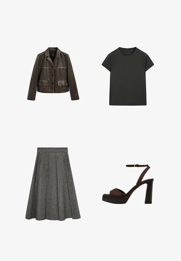 Ciemnobrązowa skórzana kurtka z klapami, trzema czarnymi guzikami z przodu i dwiema kieszeniami z klapami, wyeksponowana na białym tle.; Czarna koszulka z krótkim rękawem, wykonana z miękkiego materiału, z okrągłym dekoltem i luźnym krojem, o czystych, prostych liniach i bez wzorów.; Szara wełniana spódnica z plisami, do kolan, z dopasowanym pasem i teksturowanym wykończeniem. Prosty, elegancki design odpowiedni na różne okazje.; Brązowe zamszowe sandały na wysokim obcasie z odkrytymi palcami, regulowanym paskiem na kostce i paskowatą podeszwą.