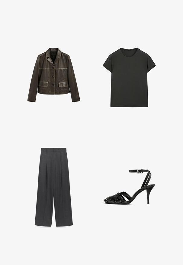 Dunkelbraune Lederjacke mit Reverskragen, drei schwarzen Vorderknöpfen und zwei aufgesetzten Taschen, vor einem weißen Hintergrund präsentiert.; Schwarzes T-Shirt mit kurzen Ärmeln aus weichem Stoff, mit Rundhalsausschnitt und lockerer Passform, in klaren, einfachen Linien und ohne Muster.; Hose mit weitem Bein aus dunkelgrauem Stoff, ausgestattet mit einer glatten Textur, vorderen Falten und einem Standardbund mit Gürtelschlaufen.; Schwarze Lederplateau-Sandaletten mit einem Knöchelriemen, die über gewebte Riemen am Zehenbereich verfügt, eine glatte Oberfläche und eine spitze Zehenform aufweist.