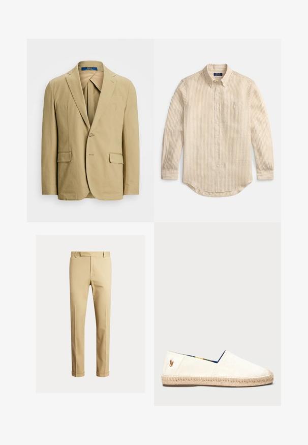 Bežna bombažna blazerka z umetnimi krili, enojnim gumbom in dvema sprednjima žepoma. Gladka tekstura z minimalnimi šivi.; Bež dolgo-srajčna sova s belimi navpičnimi črtami, ovratnik z gumbi, prsni žep in etiketa "Polo Ralph Lauren" znotraj ovratnika.; Kahe barvni chinos narejeni iz gladkega bombažnega blaga, ki ponujajo prilegan dizajn, sprednje pregibe in manšete pri gležnju za ozko silhueto.; Platneni espadril v off-white barvi z vrvno podlago. Ima modro vzorčasto podlogo in majhen vezen logotip na peti.