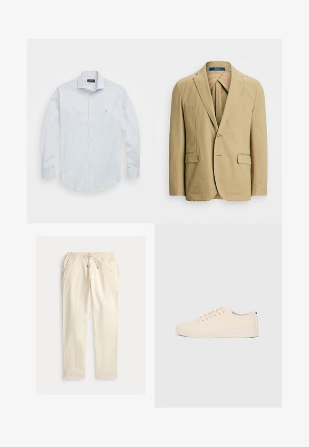 Blazer de algodão bege com lapela com recorte, fecho de um botão e dois bolsos frontais. Textura suave com detalhes de costura mínimos.; Camisa azul-claro de botão com um pequeno padrão geométrico, mangas compridas, colarinho pontudo e logótipo bordado no lado esquerdo do peito.; Calças de algodão bege claro com cintura elástica, cordão, bolsos laterais e um corte descontraído. Textura suave, design versátil.; Sapatilhas de lona bege com biqueira redonda, sola de borracha plana e atacadores à frente. Apresentam um design minimalista e um detalhe preto contrastante no calcanhar.