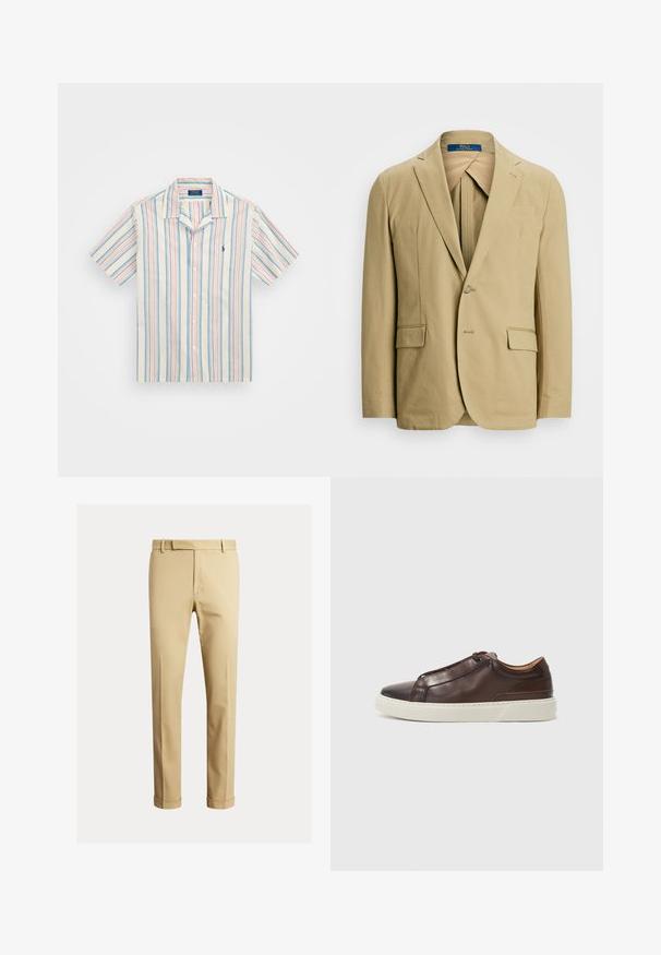 Μπεζ βαμβακερό σακάκι με πέτο, κλείσιμο με έναν κουμπί και δύο μπροστινές τσέπες. Λείο υφαντό με ελάχιστες ραφές λεπτομέρειες.; Κοντομάνικο πουκάμισο με κουμπιά από ελαφρύ ύφασμα με κατακόρυφες ρίγες σε μπλε, ροζ και κρέμα. Διαθέτει κομψό γιακά και μικρό λογότυπο.; Καφέ chinos από απαλό βαμβακερό υλικό, με εφαρμοστή σχεδίαση, πτυχώσεις μπροστά και μανίκια στον αστράγαλο για μια πιο στενή εμφάνιση.; Καφέ δερμάτινο αθλητικό παπούτσι με στρογγυλή μύτη, αντίθετη λευκή καουτσούκ σόλα, ραμμένα διακοσμητικά και χωρίς ορατά κορδόνια. Μαλακή υφή συνολικά.