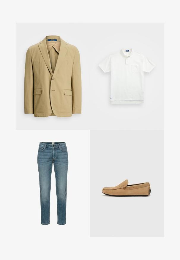 Beige Baumwollblazer mit einem Reverskragen, einem Einzelknopfverschluss und zwei vorderen Taschen. Glatte Textur mit minimalen Nähdetails.; Weißes Poloshirt aus Baumwolle, mit klassischem Kragen, Drei-Knopf-Leiste und einer linken Brusttasche; kleines Logo am Saum.; Helle blaue Jeans im Regular Fit mit geradem Bein, Fünf-Taschen-Design und subtiler, ausgewaschener Textur. Mit Knopf- und Reißverschluss.; Beige Wildleder-Mokassinschuh mit gestickter Zehenpartie, im Slip-On-Design und schwarzer Gummisohle. Besitzt dezente Markenkennzeichnung an der Seite.