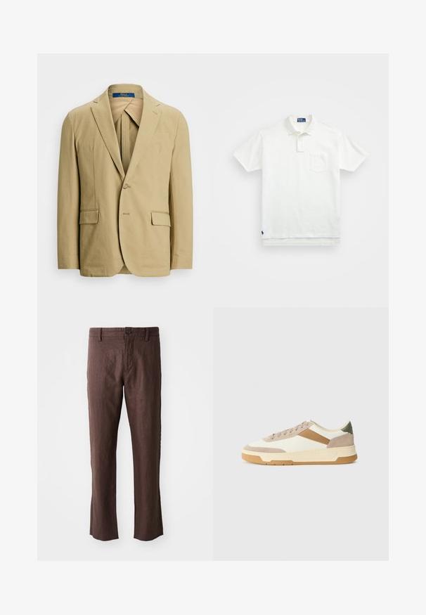 Bež pamuk blazer s urezanom reverom, zatvaranjem na jednom dugmetu i dva prednja džepa. Glatka tekstura s minimalnim detaljima šivanja.; Bijela polo majica napravljena od pamuka, s klasičnom ovratnikom, trodijelnim zakopčavanjem i džepom na lijevoj strani prsiju; mali logo na rubu.; Smeđe lanene hlače s glatkom teksturom, ravnog kroja, uprednjim džepovima, petljama za kačenje pojasa i jednim dugmetom za zatvaranje u struku.; Tenisice u bež, krem i maslinasto zelenoj boji, izrađene od antilopa i kože, s okruglim vrhom, minimalističkim dizajnom i gumenim đonom.