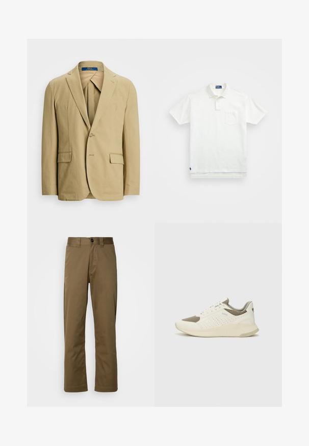 Beige cotton blazer featuring a notched lapel, single-button closure, and two front pockets. Smooth texture with minimal stitching details.; White polo shirt made of cotton, featuring a classic collar, three-button placket, and a left chest pocket; small logo at the hem.; Brown, straight-leg pants made of woven fabric. Features a button closure, side pockets, and a smooth texture. Tailored fit.; White and light beige athletic sneaker, featuring a mesh upper, perforated detailing, and a textured midsole with branding on the heel.