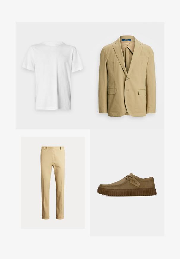 Blazer de algodón beige con solapa muesca, cierre de un botón y dos bolsillos frontales. Textura suave con mínimos detalles de costura.; Camiseta blanca de manga corta hecha de algodón suave, con cuello redondo y un sutil detalle de logotipo en relieve en el lado izquierdo del pecho.; Chinos caqui hechos de una suave tela de algodón, con un diseño ajustado, pliegues frontales y puños en los tobillos para un aspecto ajustado.; Zapatos de ante marrón claro con puntera redondeada, detalles de costura y una suela de goma marrón acanalada. Presentan una etiqueta lateral con el logotipo de "Clarks".
