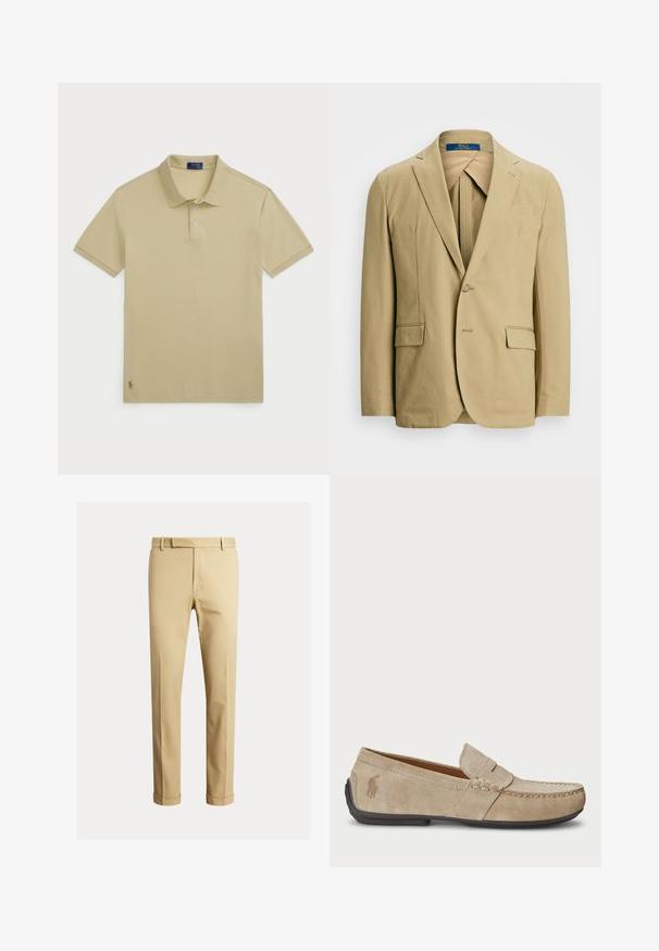 Bežinis medvilninis švarkas su iškarpytomis apykaklėmis, vieno mygtuko užsegimu ir dviem priekinėmis kišenėmis. Sklandi tekstūra su minimaliais siuvinėjimo detalėmis.; Šviesiai ruda polo marškinėliai, trumpomis rankovėmis, medvilnės audinys, trijų mygtukų užsegimas, įribuota apykaklė, siuvinėtas logotipas kairėje apačioje.; Kaki chinos, pagaminti iš lygaus medvilnės audinio, turintys prigludusį siluetą, priekinę klostę ir manžetę ties kulkšnimis, siekiant siauresnio vaizdo.; Beige zomšos loaferiai su siuvinėjimo detale, plokščiu guminio pado, ir mažuoju logotipu šone. Klasikinis priglaudimo dizainas, minkšta tekstūra.