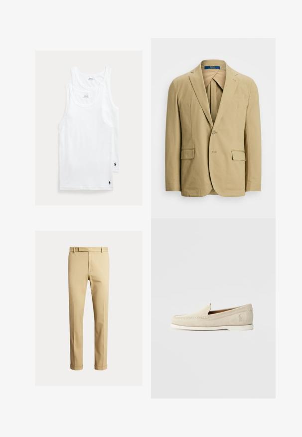 Beige pamut blézer, kivágott hajtókával, egy gombos záródással és két elülső zsebbel. Simább textúra minimális varrási részletekkel.; Fehér pamut trikó két darabos szettben, klasszikus kerek nyakkivágással és apró hímzett logóval a bal alsó sarokban.; Kaki chino nadrág, sima pamutból készült, fitted fazonú, elöl fodrokkal és bokánál szűkített kialakítással.; Polo Ralph Lauren MERTON VENETIAN LOAFER - Mokaszinok - milkshake