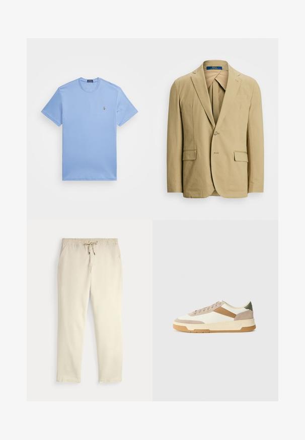 Beige kokvilnas žakete ar iegrieztu klāju, vienas pogas aizdari un divām priekšējām kabatām. Gluda tekstūra ar minimāliem šuvju detaļām.; Gaiši zila īsās piedurknes T-kreklu, izgatavots no kokvilnas maisījuma auduma. Tam ir apaļa kakla izgriezums un neliels izšūts logos kreisajā krūtī.; Off-white ikdienas bikses ar elastīgu jostu un auklu, taisnām kājām un sānu kabatām uz vienkārša fona.; Beige, krēmas un olīvzaļas kedas, kas izgatavotas no zamšādas un ādas materiāliem, ar apaļu purngalu, minimālistisku dizainu un gumijas zoli.
