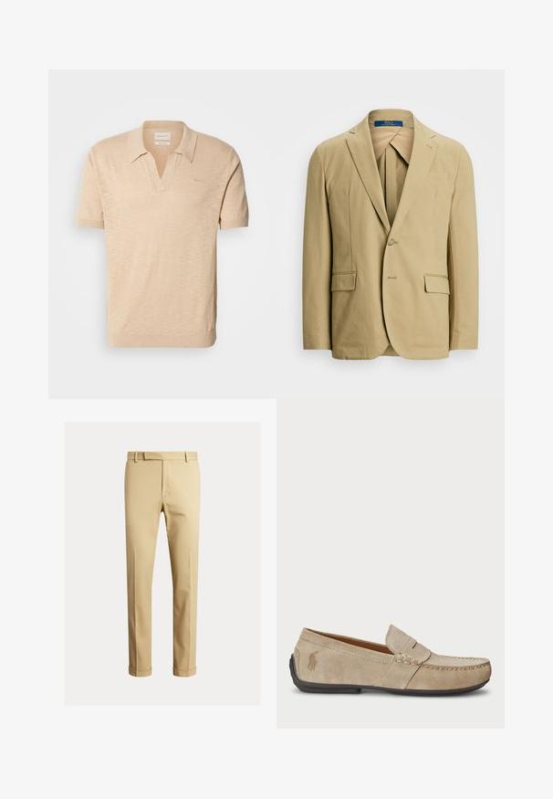 Beżowa bawełniana marynarka z wyciętym kołnierzem, pojedynczym zapięciem na guzik i dwiema przednimi kieszeniami. Gładka tekstura z minimalnymi detalami szwów.; Beżowa polo z krótkim rękawem i dekoltem w kształcie litery V, wykonana z fakturowanej tkaniny. Posiada subtelne logo i szczegóły ze ściągaczem na dolnej krawędzi.; Khaki chinos wykonane z gładkiej bawełnianej tkaniny, charakteryzujące się dopasowanym krojem, fałdami z przodu oraz mankietami przy kostkach dla zwężonego wyglądu.; Beżowe zamszowe loafersy z przeszyciem, płaską gumową podeszwą i małym logo po boku. Klasyczny model wsuwany, miękka faktura.