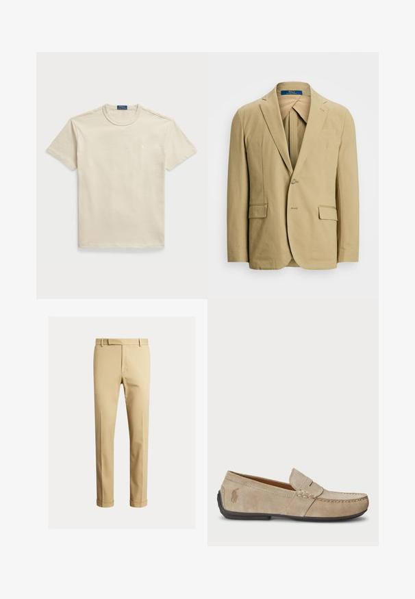 Bežinis medvilninis švarkas su iškarpytomis apykaklėmis, vieno mygtuko užsegimu ir dviem priekinėmis kišenėmis. Sklandi tekstūra su minimaliais siuvinėjimo detalėmis.; Bežinis medvilnės marškinėliai su apvaliu kaklu, trumpomis rankovėmis ir mažuoju logotipu ant krūtinės. Lygi tekstūra, laisvas siluetas ir minimalistinis dizainas.; Kaki chinos, pagaminti iš lygaus medvilnės audinio, turintys prigludusį siluetą, priekinę klostę ir manžetę ties kulkšnimis, siekiant siauresnio vaizdo.; Beige zomšos loaferiai su siuvinėjimo detale, plokščiu guminio pado, ir mažuoju logotipu šone. Klasikinis priglaudimo dizainas, minkšta tekstūra.
