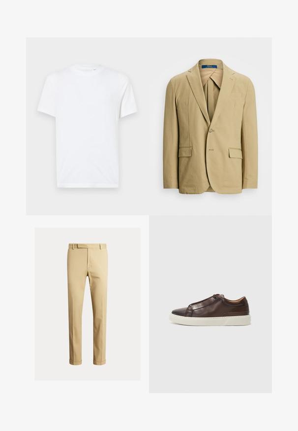 Beige cotton blazer featuring a notched lapel, single-button closure, and two front pockets. Smooth texture with minimal stitching details.; White cotton t-shirt with a crew neckline and short sleeves. Features a small, embossed logo on the left chest. Smooth texture.; Khaki chinos made of smooth cotton fabric, featuring a fitted design, front pleats, and cuffs at the ankle for a tapered look.; Brown leather sneaker with a rounded toe, contrasting white rubber sole, stitched accents, and no visible laces. Smooth texture overall.