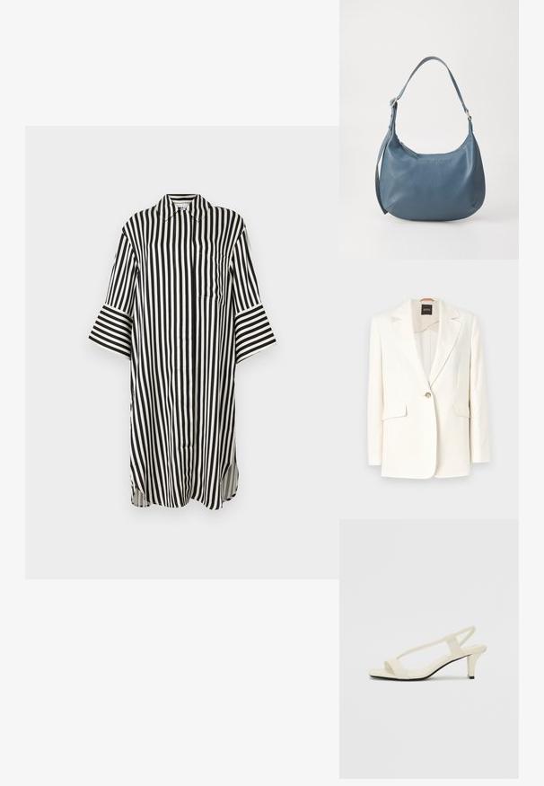 Biały żakiet dopasowany, z klapką, z jednym guzikiem i dwiema przednimi kieszeniami. Gładki materiał i czyste linie. Widoczna metka marki wewnątrz.; Koszula w czarno-białe paski z kołnierzykiem, długimi rękawami, kieszenią na piersi i rozcięciami po bokach u dołu. Gładka tekstura materiału.; Beżowe sandały na blokowym obcasie z cienkimi ramiączkami i kwadratowym noskiem. Gładki materiał z minimalną ilością detali, zaprojektowane z myślą o łatwym zakładaniu.; Niebieska skórzana torebka o zaokrąglonym kształcie, z jedną rączką na ramię, zamykana na zamek błyskawiczny, z wytłoczonym logo na przodzie. Gładka faktura.