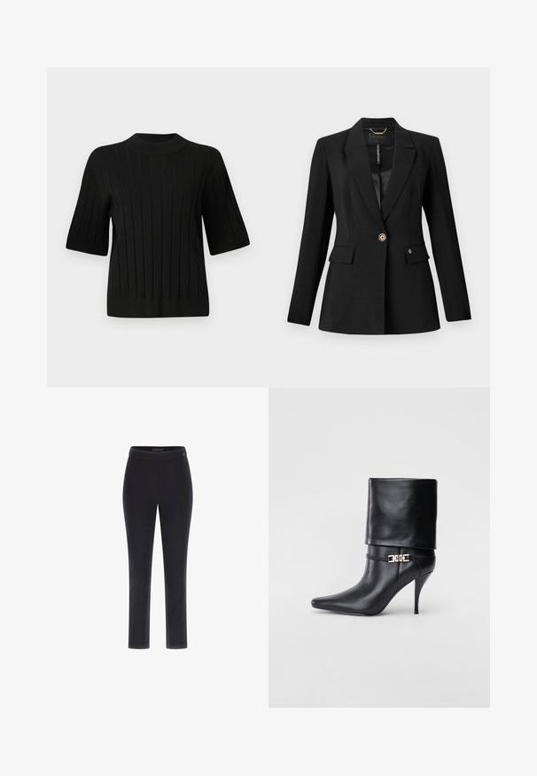 Blazer negro hecho de tela texturizada, con cierre de un solo botón, dos bolsillos frontales y forro de satén. Acento notable de logo en el bolsillo.; Suéter negro de manga corta con textura acanalada y un cuello alto, que presenta líneas verticales y una silueta ajustada.; Pantalones negros ajustados con una textura lisa, un diseño de pierna recta y una cinturilla ancha. Presenta un pequeño logo en la cinturilla.; Botín de cuero negro hasta el tobillo con punta afilada, tacón alto de aguja, puño doblado y un detalle decorativo de hebilla dorada en el tobillo.
