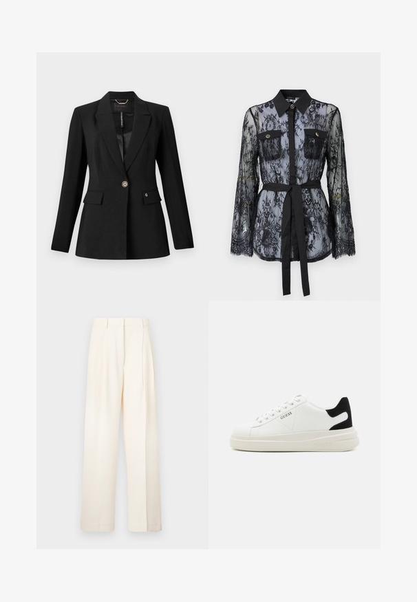 Čierny blejzer z textúrovaného materiálu s jedným gombíkom, dvoma prednými vreckami a saténovou podšívkou. Pozoruhodný logový akcent na vrecku.; Čierna čipkovaná blúzka s dlhými rukávmi, gombíkovými náprsníkmi, klasickým golierom a látkovým opaskom viazaným v páse. Priehľadný dizajn.; Biele nohavice s širokými nohavicami, vyrobené z hladkej látky. Majú prispôsobený strih s prednými skladmi a rovný strih.; Biele kožené tenisky s hrubou bielou podrážkou, čiernym zamekom na päte a vyrazeným logom na boku. Šnurovací dizajn so šiestimi očkami.