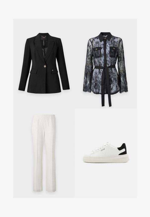 Must mustriga mustrikatekk, millel on üks nööp ja kaks esi-taskut, samuti satiinvooder. Eraisikustatud logomotiiv taskul.; Must värviline pitspluus, mis on varustatud pikkade varrukatega, nööpidega rinna-taskutega, klassikalise kraega ja kangast vöödiga, mis on seotud vöökohtadele. Aksessuaar on läbipaistev.; Heledad värvusega sirged püksid siledast materjalist, millel on ees volditud detailid ja puhas vöökoht.; Valged nahast tennisetossud paksu valge tallaga, musta sametist kontsakeeuga ja külje peal riigilogo reljeefne kujundus. Lukkeskeem kuue silmaauguga.