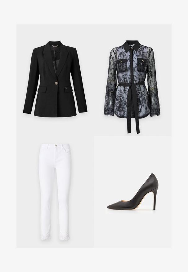 Black blazer made from textured fabric, featuring a single button closure, two front pockets, and a satin lining. Notable logo accent on pocket.; Black lace blouse featuring long sleeves, buttoned chest pockets, a classic collar, and a fabric belt tied at the waist. Transparent design.; White denim pants with a slim fit, featuring a gold button closure and intricate lace trim at the bottom hems. Soft texture, classic design.; Black leather high-heeled pump with a pointed toe and smooth texture, featuring a slender heel and minimalistic design.